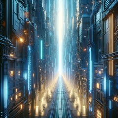 A 3D rendered sci-fi corridor with neon lights, evoking a futuristic cityscape atmosphere.