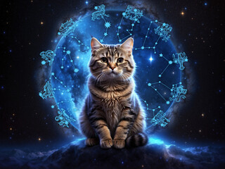 Wall Mural - zodiac signs with blue nebula and beautiful tabby cat like mystic astrology concept