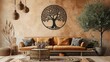 an aesthetically pleasing composition featuring a tree mandala design on a soft-toned wall, paired with a stylish sofa.