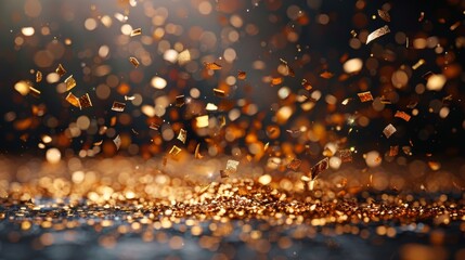 Poster - Shiny golden confetti falling on a transparent background. Gold colored tinsel scattered around.