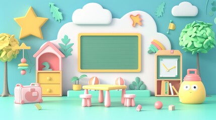 Poster - Backtoschool kindergarten online education concept. blackboard kid, children table chair, table chair, learning on phone, mobile website background. 3D modern illustration.