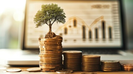 Poster - Finance sustainable development. Businessman holding a coin with a tree growing on a stack of money coins. Sustainable growth in business and finance.