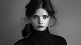 Fototapeta Kosmos - Pretty young brunette woman portrait. Retro black and white photo. Vintage photography. Beautiful girl look camera. Female face natural beauty, no makeup. Attractive model studio. Sad dramatic emotion