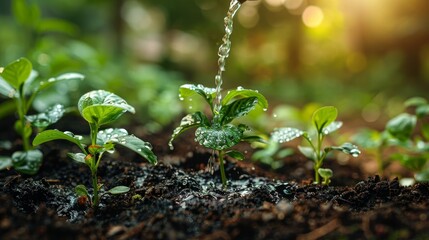 Poster - A small plant is hand watered early in the morning, a young plant is growing in the morning light, a new life is emerging, an ecology development business concept, summer spring time on a nature