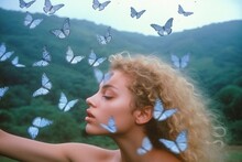 Beautiful Young Woman With Butterfly On Her Face Looking At Nature.