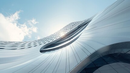 Wall Mural - An image of a skyscraper of an office building with curve-glass windows from a low angle, a 3D rendering of the facility...