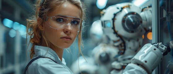 Fototapete - The female industrial engineer works with a robot arm machine in an intelligent factory industrial on a real-time monitoring system software. Digital fabrication of the future.