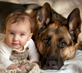 Wall Mural -  baby sitting on bed with her german shepherd, 