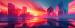 Futuristic cityscape bathed in sunset hues, depicting urban development and skyline.