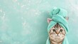 A tabby cat with striking eyes wrapped in a green towel with turban set against a teal background with snow effect