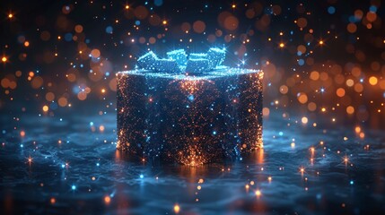 Leinwandbilder - Open abstract gift box with stars and flying numbers 2022. Geometric background. Wireframe connection structure for light. 3D graphic concept. Isolated modern illustration.