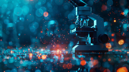 Poster - A microscope against a backdrop of glowing particles, representing cutting-edge research in science and biotechnology.