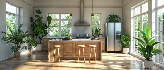 Aufkleber - This 3D illustration shows a large kitchen with a large island and bar stools as well as a wine cabinet and refrigerator.
