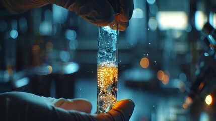 Sticker - Research: A close-up of a scientist's hand holding a test tube