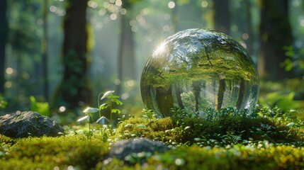 Poster - A crystal globe rests on moss in a forest - concept of the environment