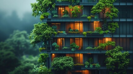 Poster - A green and eco-friendly building with vertical garden in a modern city. A green tree forest on a sustainable glass building. An office building with a green environment.