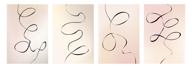 Fototapete - Abstract backgrounds with hand drawn curved lines. Set of color backgrounds with black wavy lines. Vector illustration.