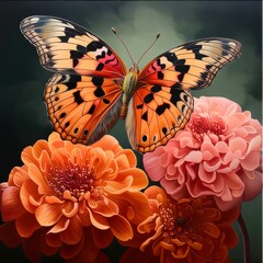 Wall Mural - Butterfly and dahlia flowers. Floral background.