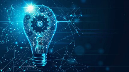 Leinwandbilder - The blue glowing light bulb with gears inside is a machine learning and AI concept with a low poly style design. The geometric background is abstract and based on wireframes.