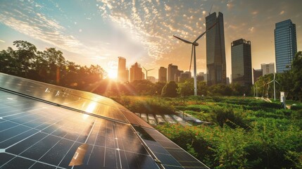 Aufkleber - A frameless solar panel, battery energy storage facility, wind turbines and a big city with skycrapers in the background are presented in beautiful sunset backlight.