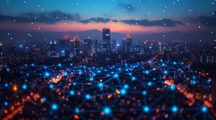 Leinwandbilder - In the background is a dark blue sky with a white network hologram. This is an abstract concept of the future and new technologies.