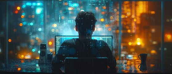 Aufkleber - Computer-using businessperson surrounded by technology