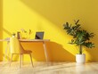 an office desk and chair with Yellow wall and a plant that sits on the shelf