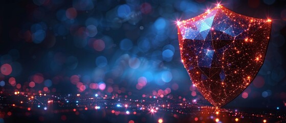 Poster - Shield composed of polygons. Business concept of data protection.  illustration of lines, dots, and shapes forming a starry sky.