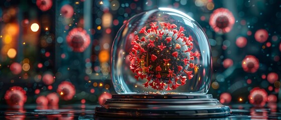 Fototapete - A mysterious concept with abstract red viruses outside a transparent glass dome. Low poly digital style. Blue geometric background. Wireframe structure. Modern 3d graphic. .