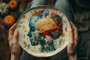 Wall Mural - Woman's hands hold plate with image of person, food and brain. Сoncept of influence of diet on mental health, well-being.