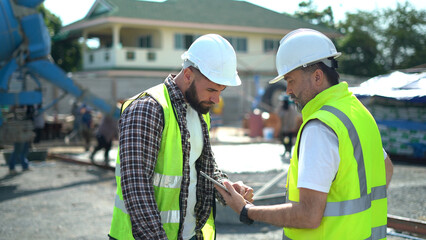 Wall Mural - team of Construction workers Senior architect or civil engineer and foreman control labor workers pouring concrete on floors and discussion to inspection or checking with tablet at construction site.