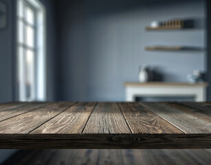 Poster - Rustic wooden table top with blurred kitchen background. High quality photo