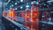 Glowing laboratory vials with dynamic digital data overlay in a scientific research environment.