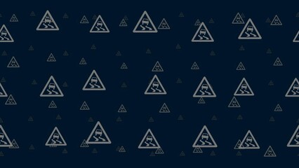 Poster - Slippery road signs float horizontally from left to right. Parallax fly effect. Floating symbols are located randomly. Seamless looped 4k animation on dark blue background