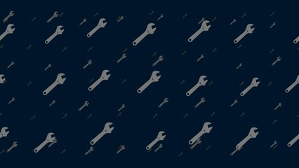 Poster - Adjustable wrench symbols float horizontally from left to right. Parallax fly effect. Floating symbols are located randomly. Seamless looped 4k animation on dark blue background
