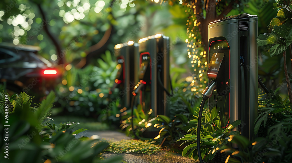 Electric Vehicle car charging stations nestled in a lush green ...