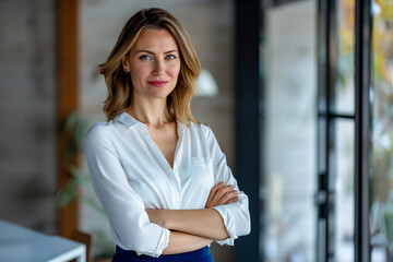  middle age caucasian attractive  business woman, working while looking standing at office or restaurant happy smile confident wear white shirt waist up copy space front view portrait