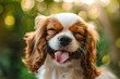 Funny hungry puppy dog licking its nose with tongue out and winking one eye closed