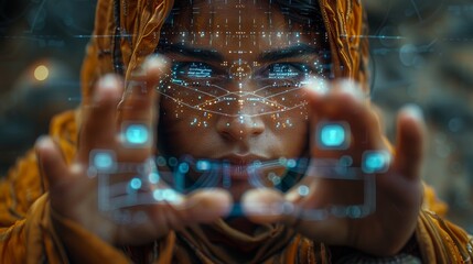 Poster - The use of holograms by Arabs is a futuristic concept. A user interface uses graphics and holograms.