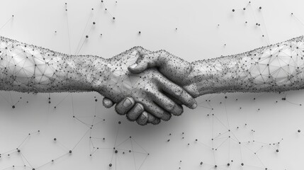 Aufkleber - A handshake is illustrated abstractly on a white background. Low poly wireframe. A hand gesture is indicated. Business symbol. Particles are connected in a geometric silhouette. Three dimensional