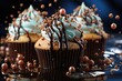 Vertical selective focus photo of chocolate cupcakes on a blue surface with drops , generative IA