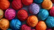 Colorful array of yarn balls in close-up. Knitting and crocheting supplies. Textile and craft concept. High-quality woolen materials in vibrant hues. Ideal for creative projects. AI