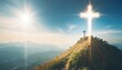 Abstract of Christ Cross on the Mountain with Light Leak, Suitable and Blue Sky and White Cloud in the Morning