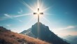 Abstract of Christ Cross on the Mountain with Light Leak, Suitable and Blue Sky and White Cloud in the Morning