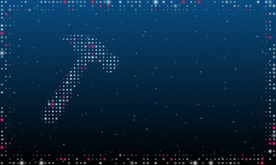 Poster - On the left is the hammer symbol filled with white dots. Pointillism style. Abstract futuristic frame of dots and circles. Some dots is pink. Vector illustration on blue background with stars