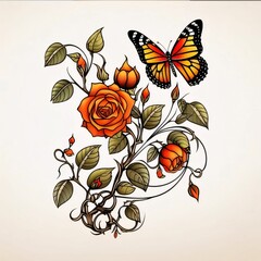 Wall Mural - Beautiful bouquet of roses with a butterfly. Vector illustration.