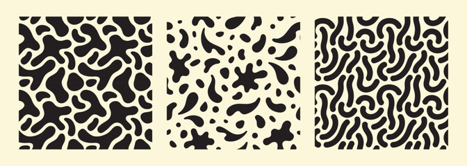 Aufkleber - Black and white organic, fluid shapes seamless vector patterns set. Worms, squiggly bold lines, splashes, rounded paint spots, blots, chaotic stains, blobs. Trendy abstract backgrounds collection