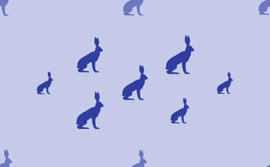Poster - Seamless pattern of large isolated blue hare symbols. The pattern is divided by a line of elements of lighter tones. Vector illustration on light blue background
