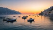 Beautiful sunrise on Tyrrhenian Sea, there are fishing boats on the water. Photo taken on Amalfi coast, Campania, Italy