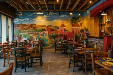 Interior of a Mexican restaurant with colorful mural, wooden tables, and festive decor.